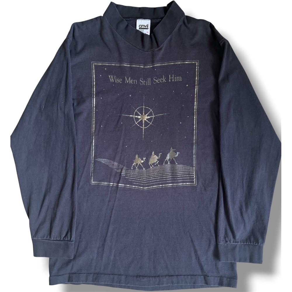 Vintage Anvil Wise Men Still Seek Him Long Sleeve T-Shirt Black Gold USA Large